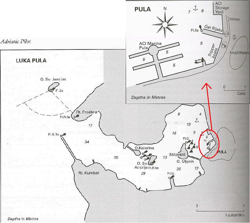 klik hier voor een vergroting van een kaart van de haven Pula